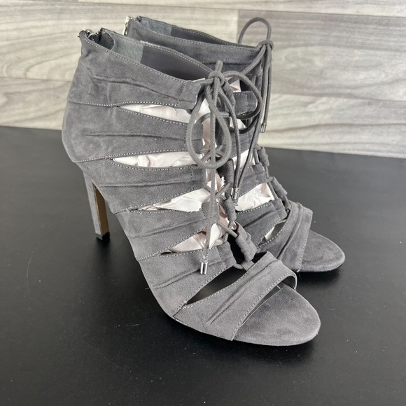 BCBGeneration Sandals Bootie Womens 9 Grey Suede Peep-Toe Lace Up Stiletto Heels - Picture 5 of 15